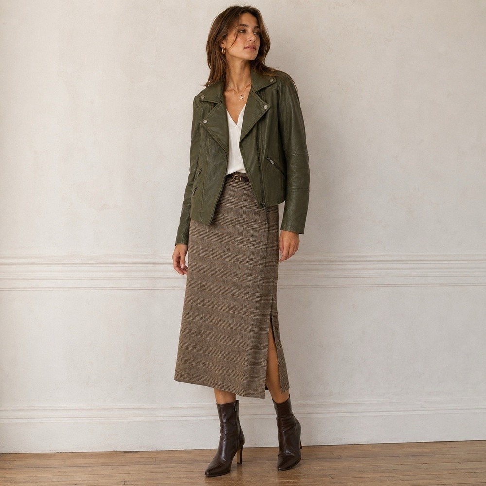 BCBG Max Azria Genuine Leather Moto Biker Jacket Size M Olive Green Asymmetrical